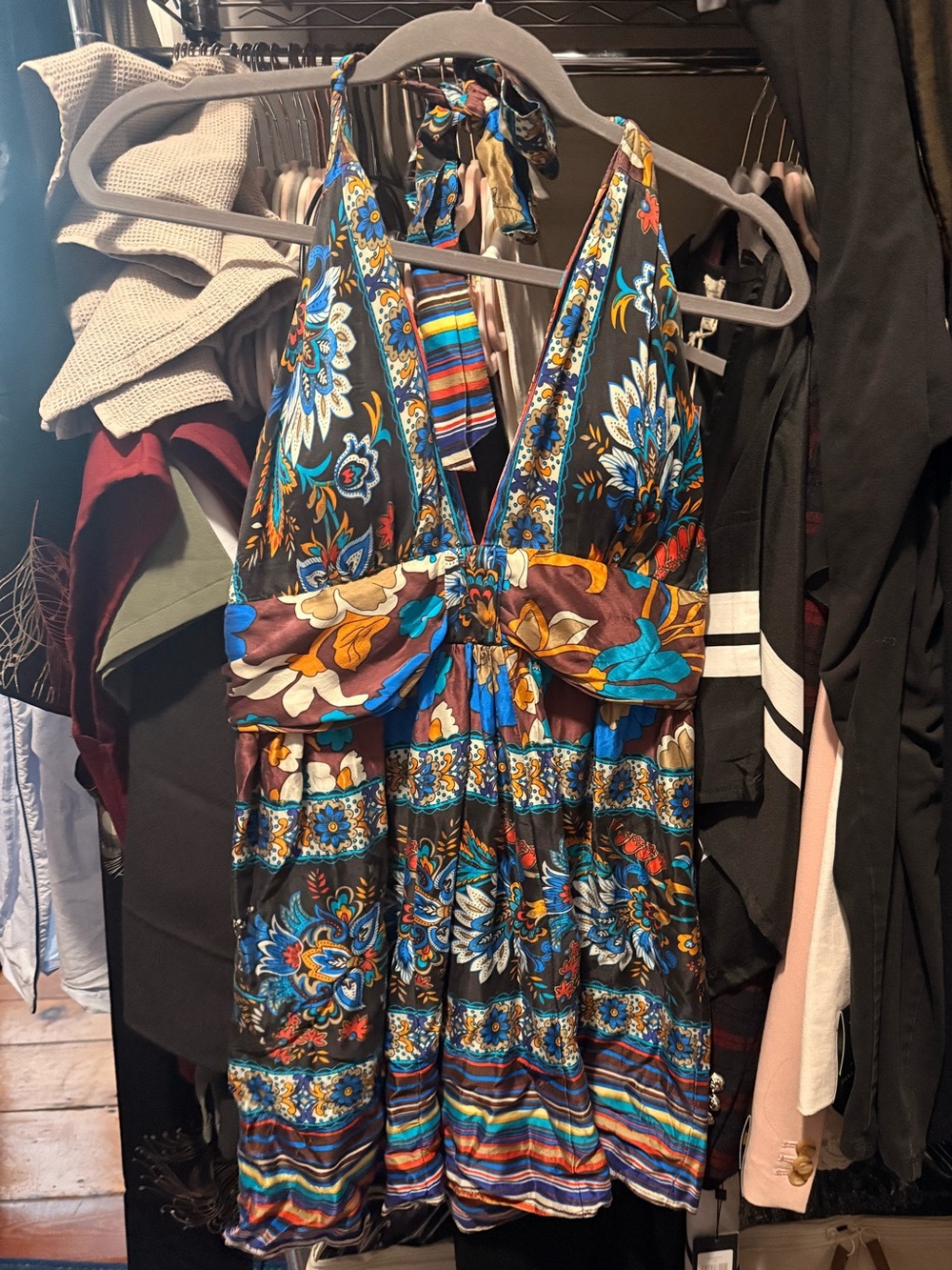 Arden B Vintage Silk Babydoll Halter Dress Size L Blue Boho Cottagecore Coquette